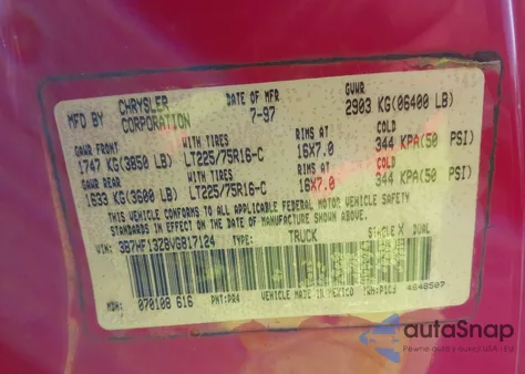 1996 Dodge Ram from USA, damaged, VIN 387HF13Z8VG817124